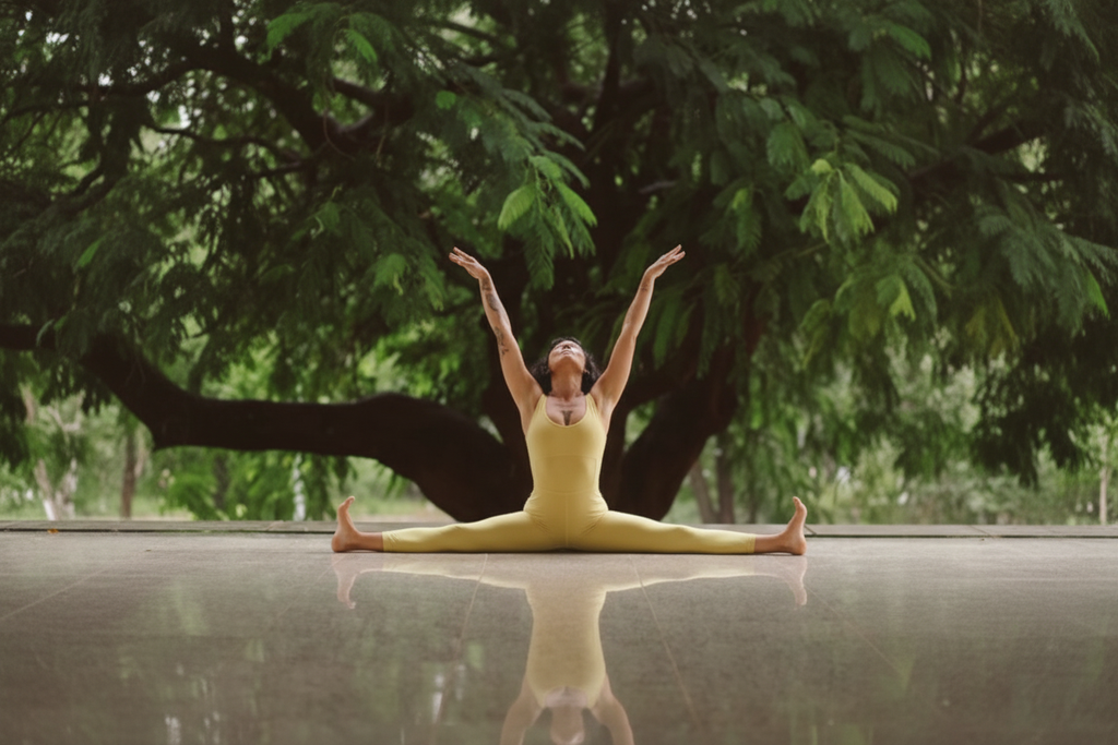Ananda jumpsuit in light yellow - splits pose