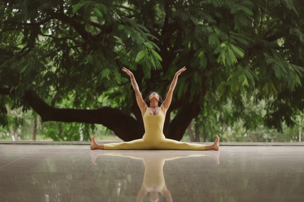 Ananda jumpsuit in light yellow - splits pose